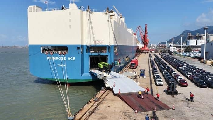 Ro-Ro vessel loading export vehicles at port